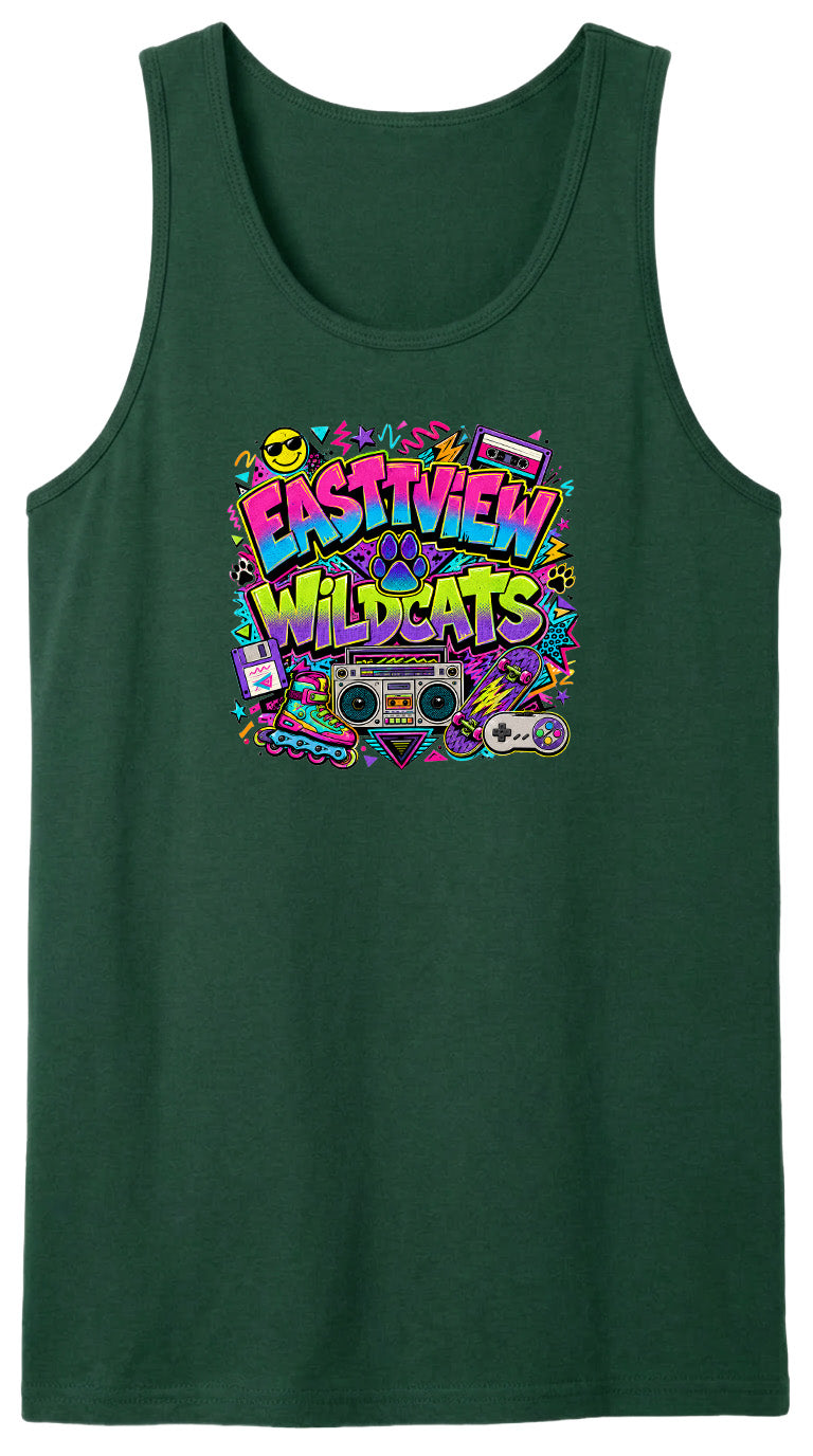 A green tank top with a colorful graphic design featuring the text "EASTVIEW WILDCATS" surrounded by various icons and symbols, such as a boombox, cassette tape, and other retro-style elements.