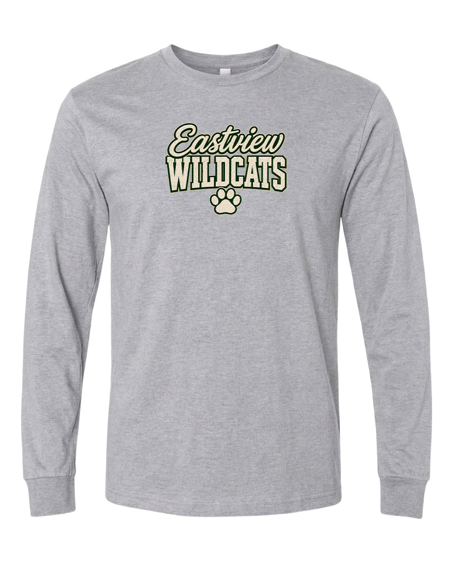 A gray long-sleeved t-shirt with the text "Eastview Wildcats" printed on it.
