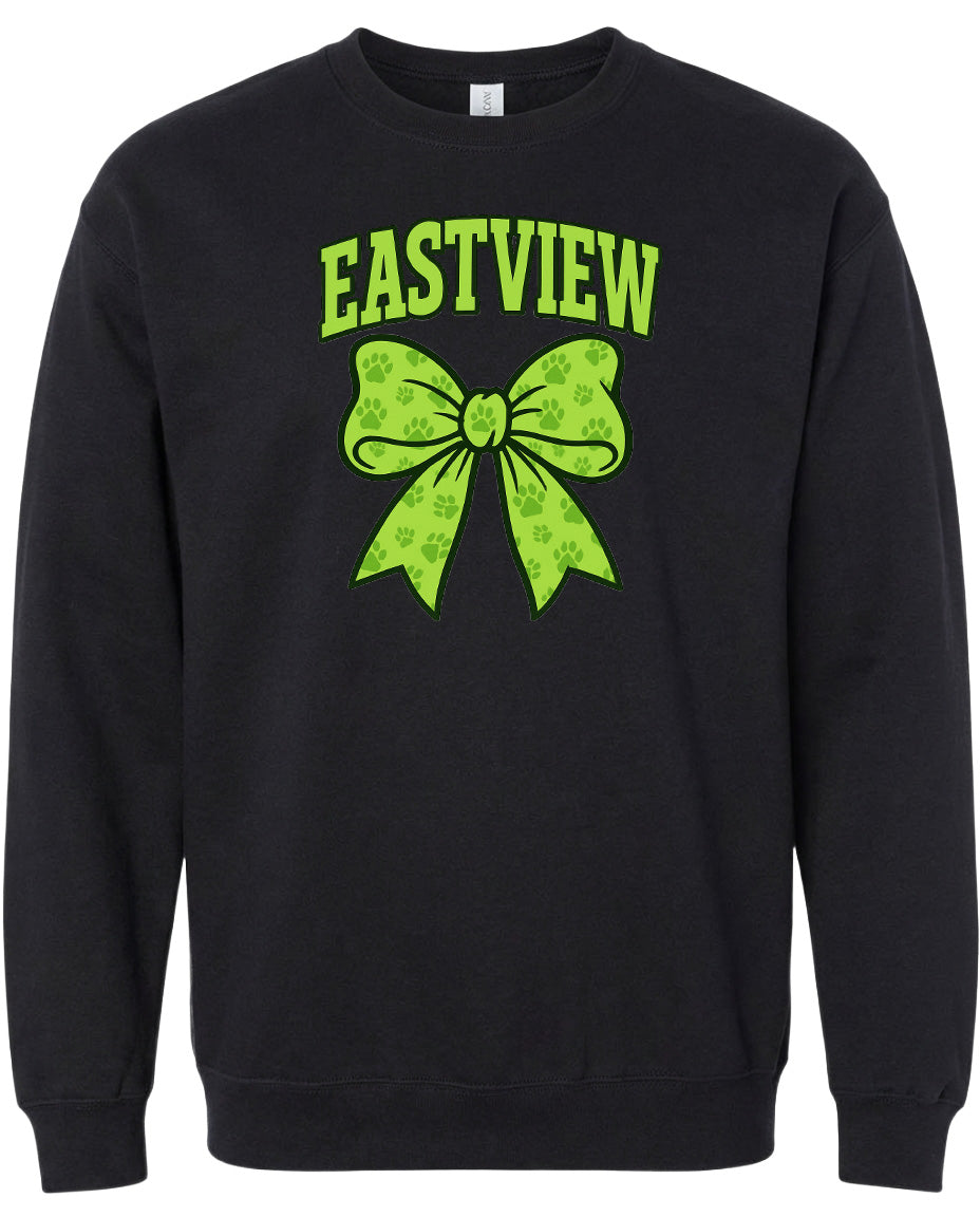 A black sweatshirt with a green bow and paw prints printed on it.