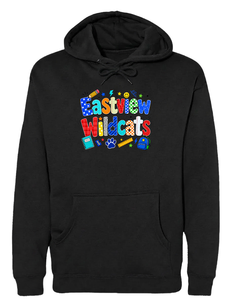 A black hoodie with a colorful graphic design featuring the text "Eastview Wildcats" and various school-related icons such as a backpack, pencil, and book.