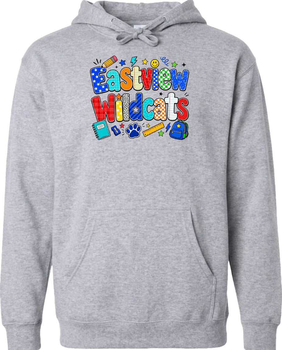 A gray hoodie with a colorful graphic design featuring the text "Eastview Wildcats" and various school-related icons such as a backpack, pencil, and book.