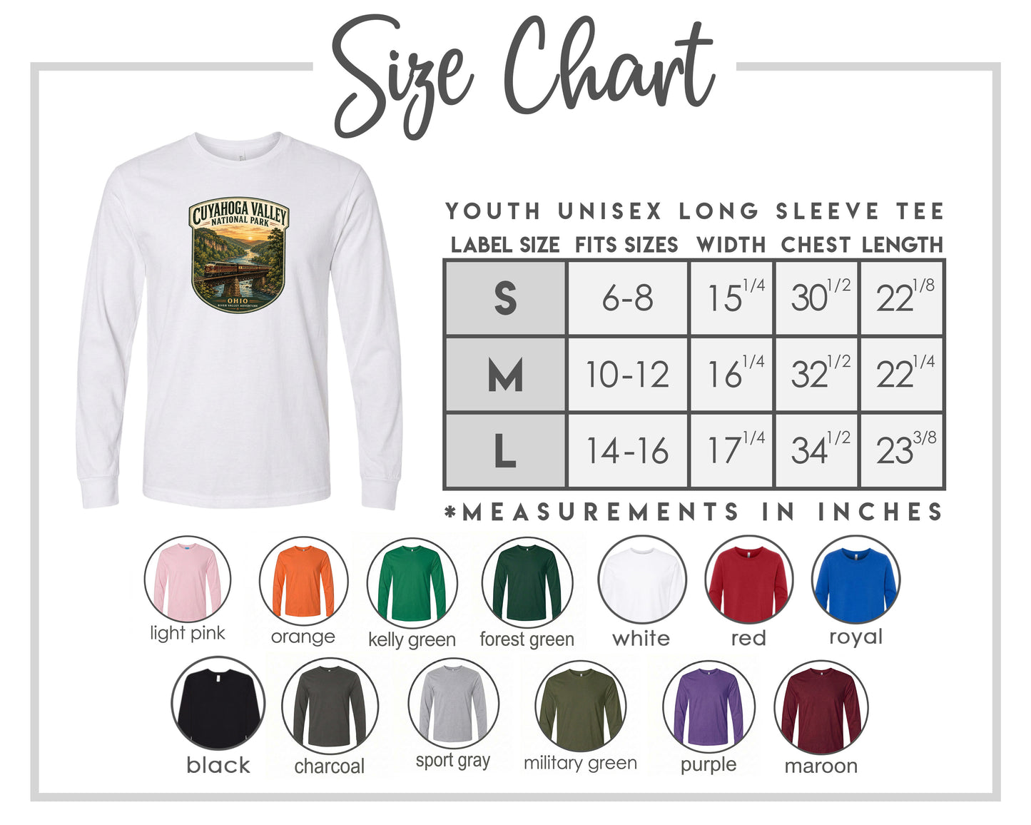 The image is a size chart for a youth unisex long sleeve tee, including various color options and corresponding measurements.
