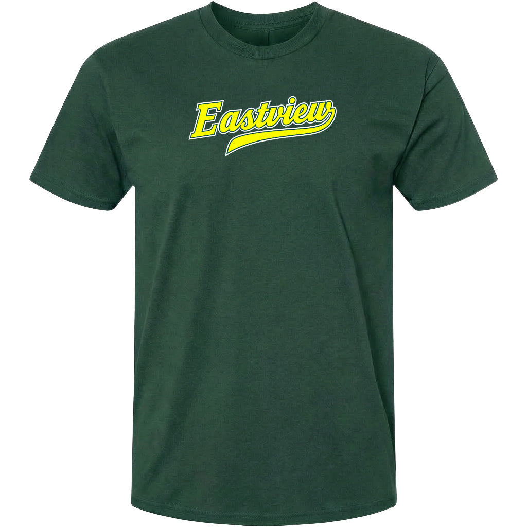 A dark green t-shirt with the word "Eastview" printed in yellow on the front.