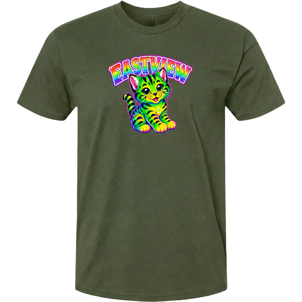 A green t-shirt with a colorful graphic of a cat and the text "EASTVIEW" printed on it.