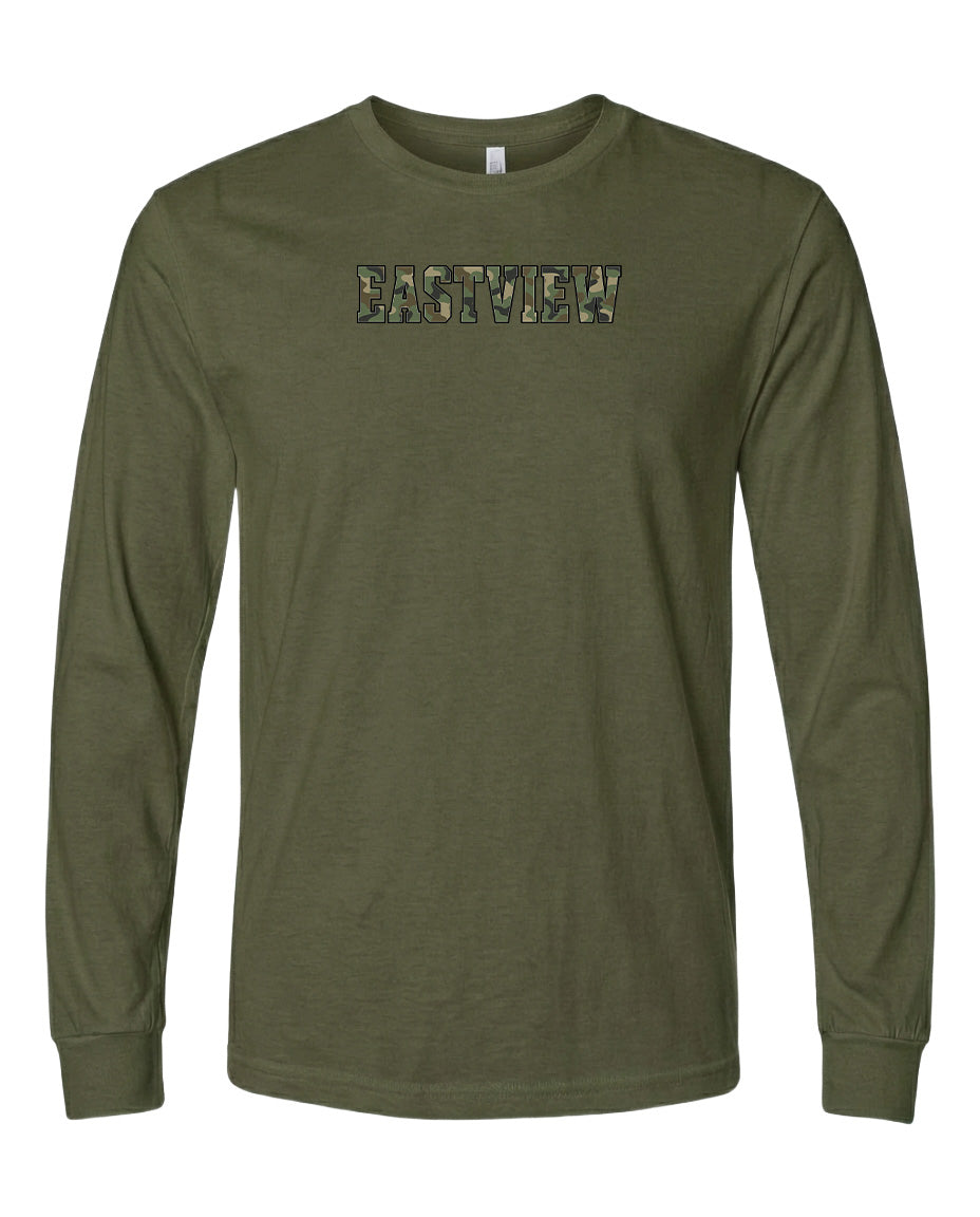 A long-sleeved olive green t-shirt with the word "EASTVIEW" printed on it in a camouflage pattern.