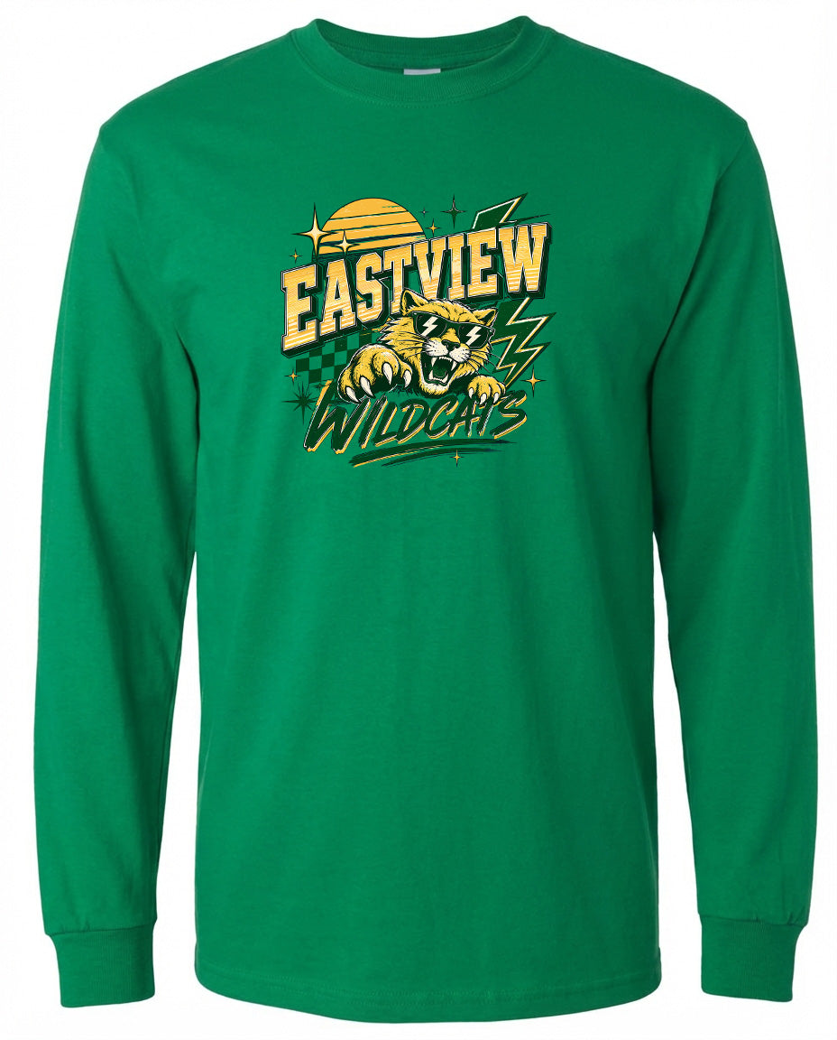 A green long-sleeved t-shirt with a graphic design featuring a tiger and the text "EASTVIEW WILDCATS" printed on it.