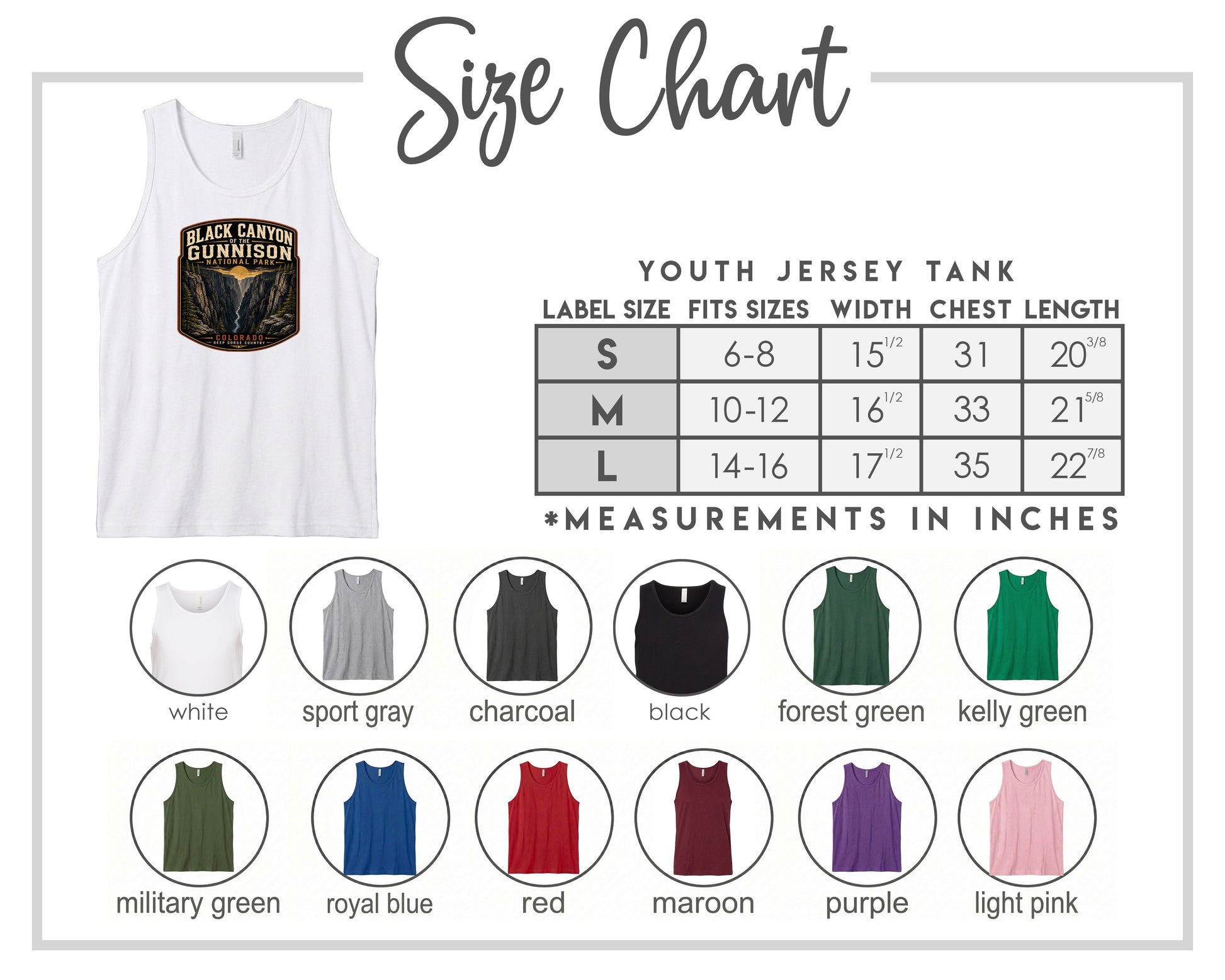 The image is a size chart for a youth jersey tank, displaying various label sizes and corresponding chest measurements. The chart includes a white tank with a label that reads "Black Canyon National Park" and a list of sizes ranging from 6 to 35 inches. There are also color swatches for different jersey colors, such as white, sport gray, charcoal, black, forest green, kiley green, military green, royal blue, red, maroon, purple, and light pink.