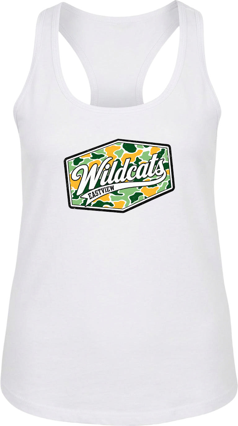 A white tank top with a graphic design featuring the text "Wildcats EASTYPE" in a stylized font.