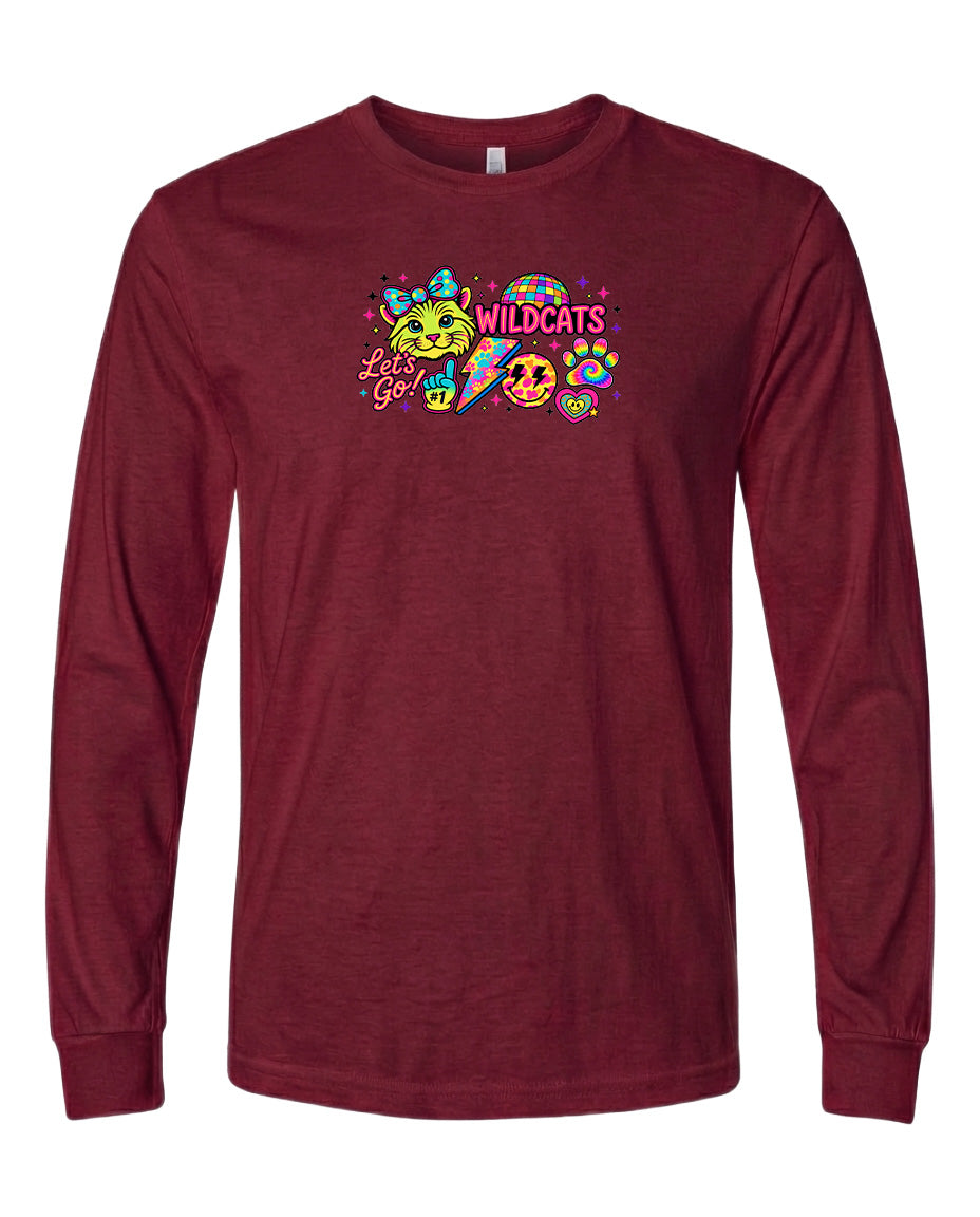 A burgundy long-sleeved t-shirt with a colorful graphic design featuring a smiling face, a cat, and various other elements.
