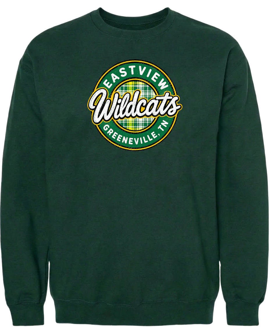 A dark green sweatshirt with a circular logo on the front.