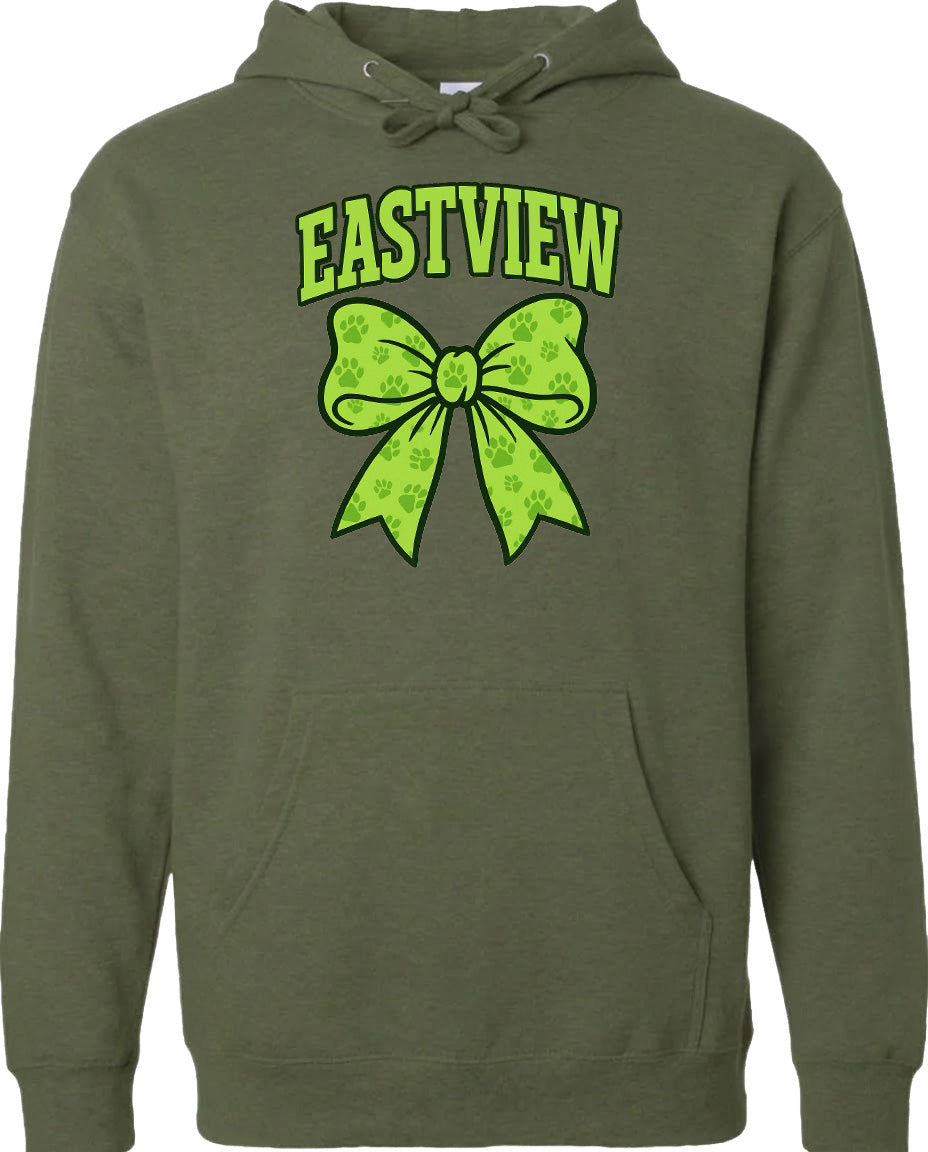 A green hoodie with a large green bow and paw prints printed on it.