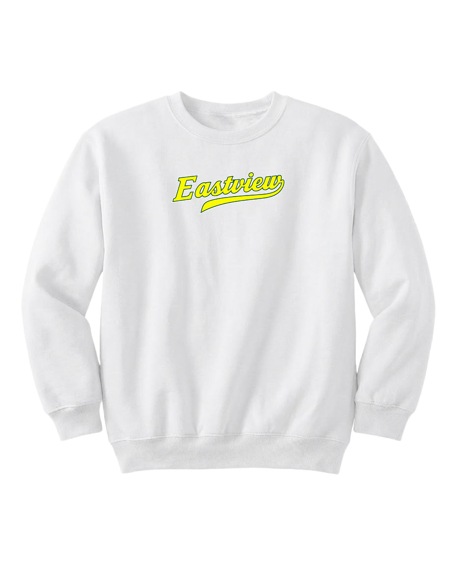 A white sweatshirt with the word "Eastview" printed in yellow on the front.