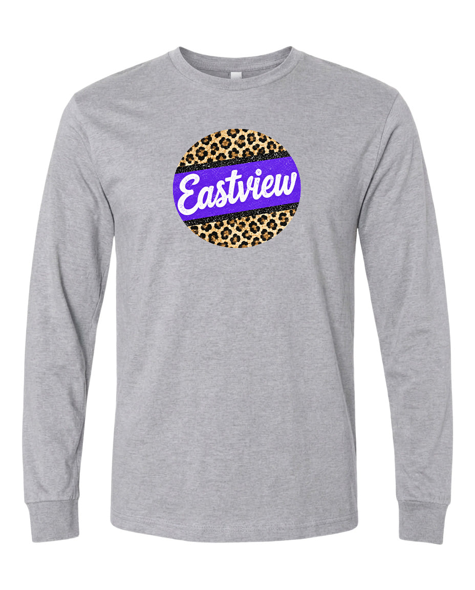 A gray long-sleeved t-shirt with a purple and leopard print circular logo on the front.