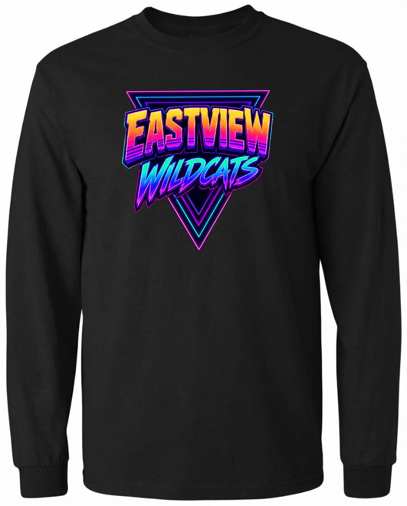 A black long-sleeved shirt with a graphic design featuring the text "EASTVIEW WILDCATS" in a colorful, retro-style font.