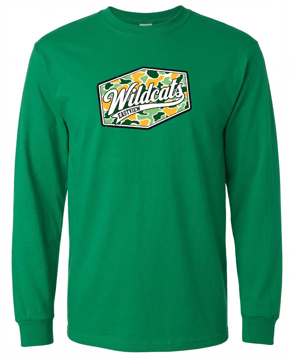 A long-sleeved green t-shirt with a logo on the front.