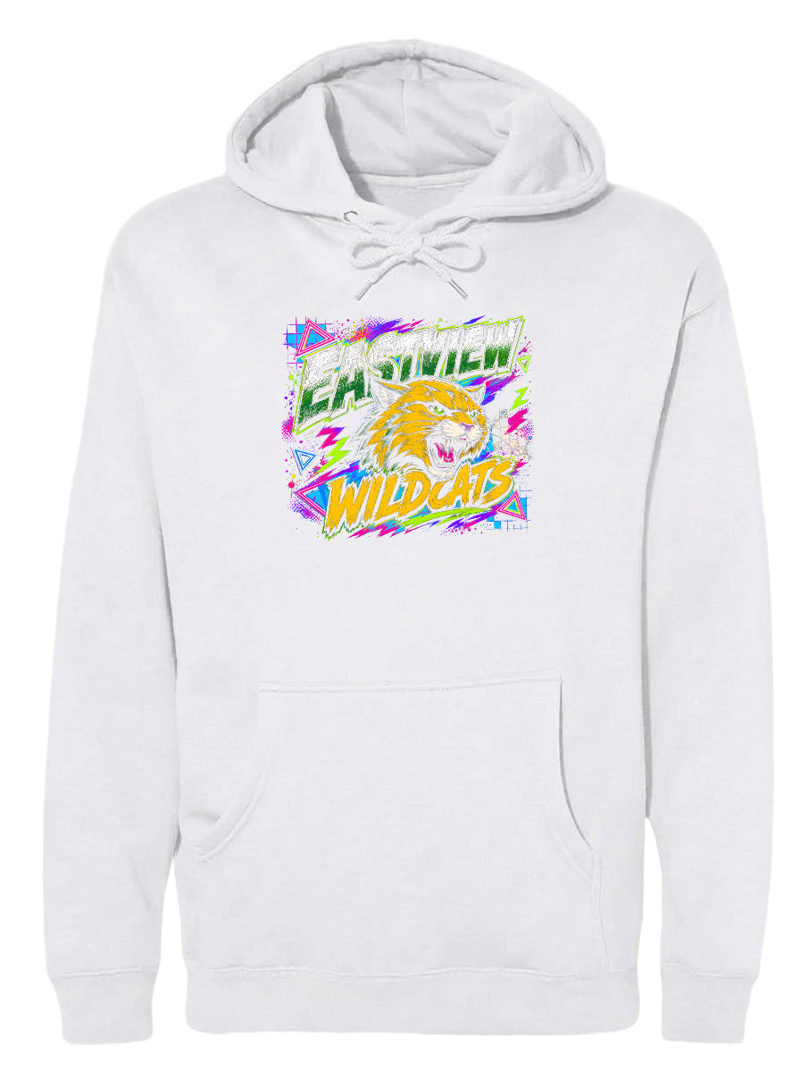A white hoodie with a graphic design featuring a tiger's head and the text "EAST VIRGINIA WILD CATS" printed on it.