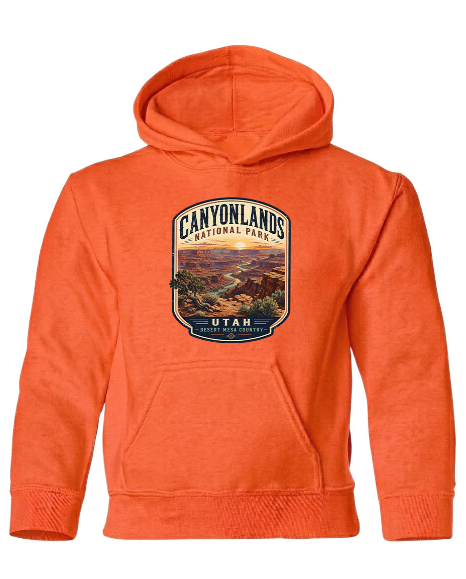 An orange hoodie with a graphic design depicting the Canyonlands National Park in Utah.