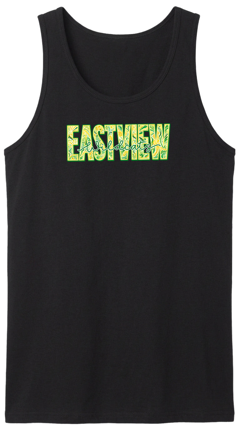 A black tank top with the word "EASTVIEW" printed on it in a stylized font.