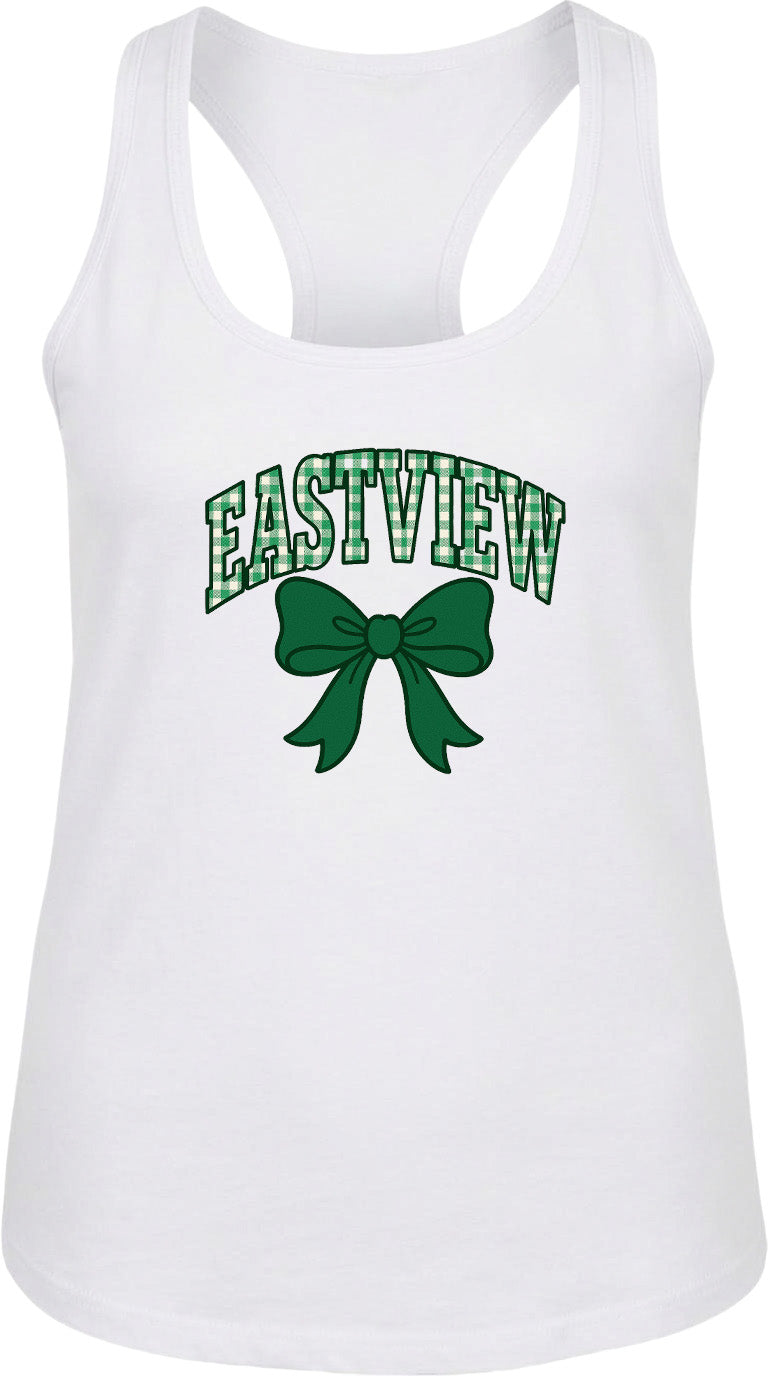A white tank top with the text "EASTVIEW" and a green bow graphic printed on it.