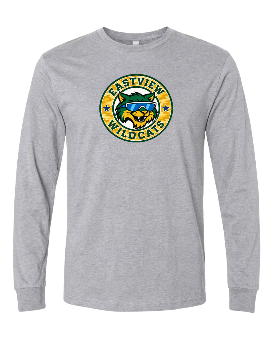A gray long-sleeved t-shirt with a graphic design featuring a cartoon-like wildcat wearing sunglasses and the text "EASTVIEW WILDCATS" printed on it.