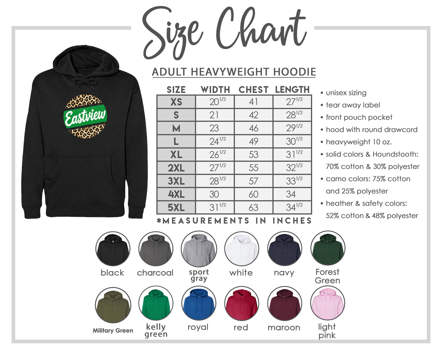 The image is a size chart for an adult heavyweight hoodie, including various color options and measurements in inches.