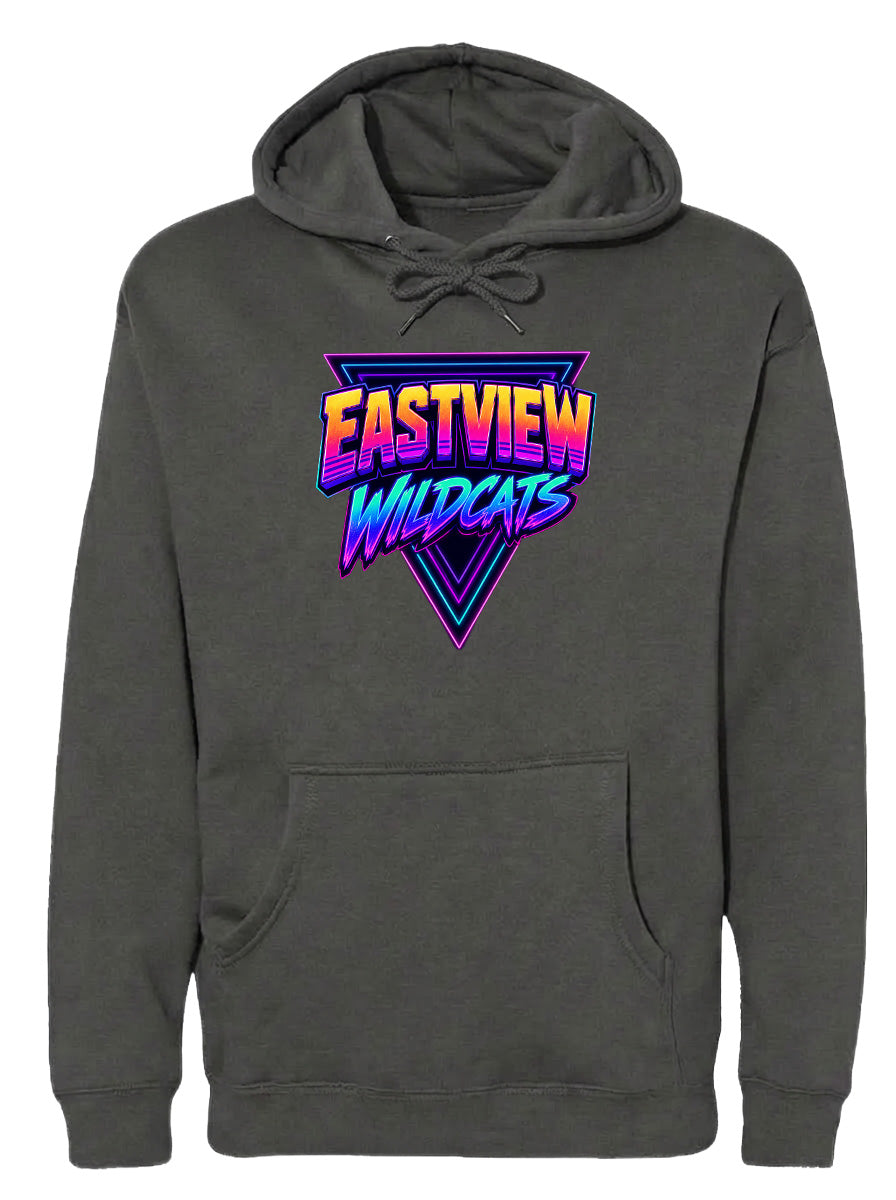 A gray hoodie with a graphic design featuring the text "EASTVIEW WILDCATS" in a colorful, retro-style font.
