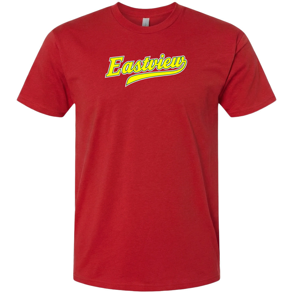 A red t-shirt with the word "Eastview" printed on it in yellow text.