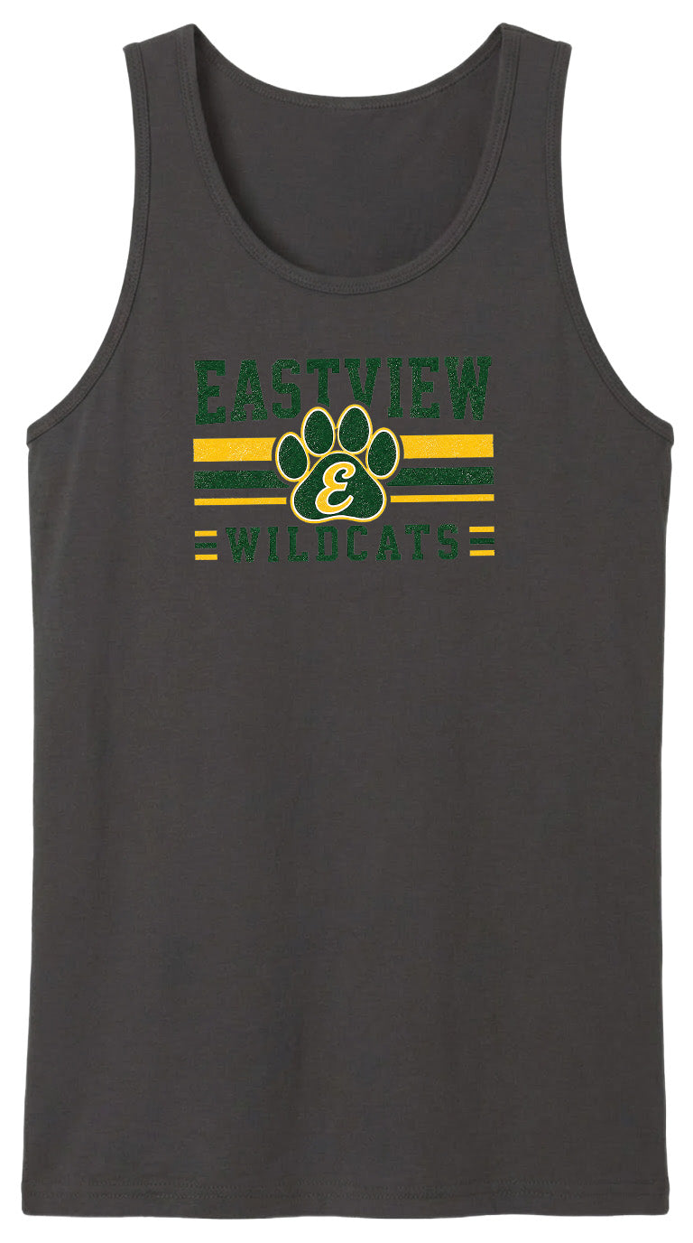 A gray tank top with a graphic design featuring a paw print and the text "EASTVIEW WILDCATS" printed on it.