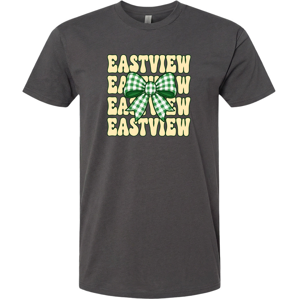 A gray t-shirt with a graphic design featuring the text "EASTVIEW" repeated in a vertical pattern, with a green and white checkered bow in the center.