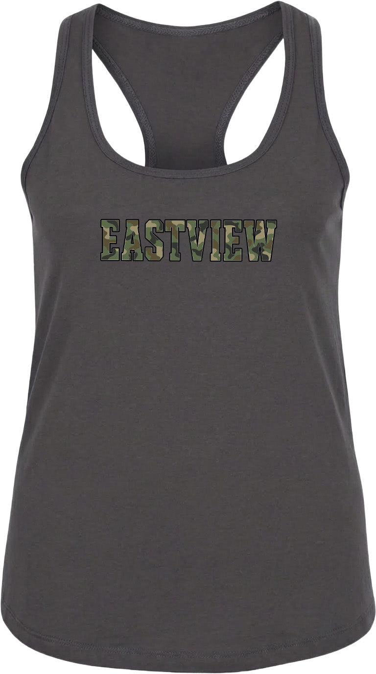 A gray tank top with the word "EASTVIEW" printed on it in a camouflage pattern.