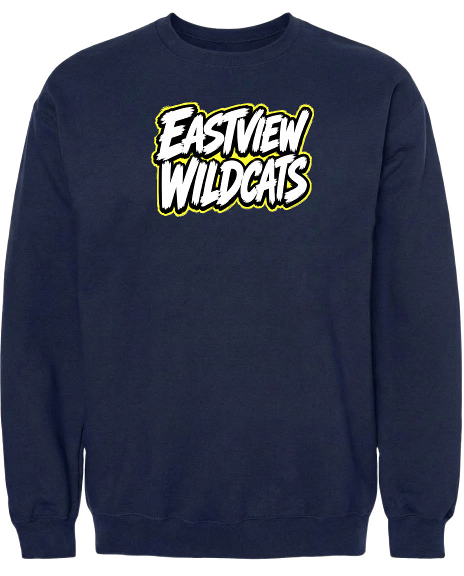 A navy blue sweatshirt with the text "EASTVIEW WILDCATS" printed on it in white and yellow lettering.