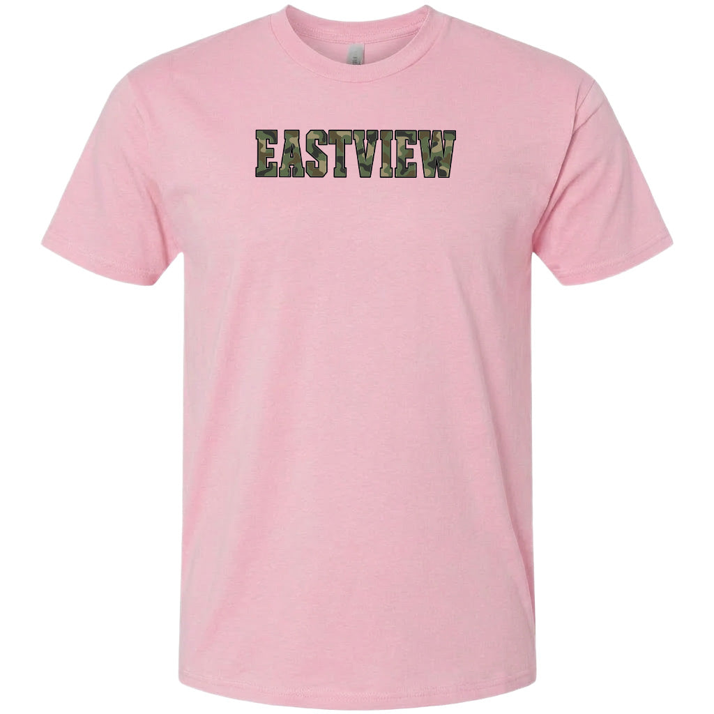 A pink t-shirt with the word "EASTVIEW" printed on it in a stylized font.