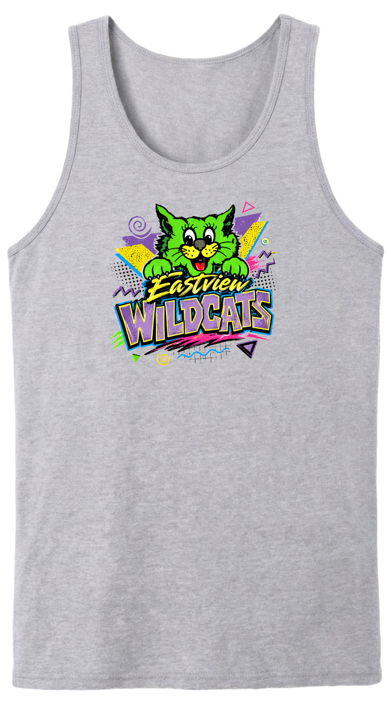 A gray tank top with a colorful graphic design featuring a cartoon cat and the text "Wildcats" in a bold, stylized font.