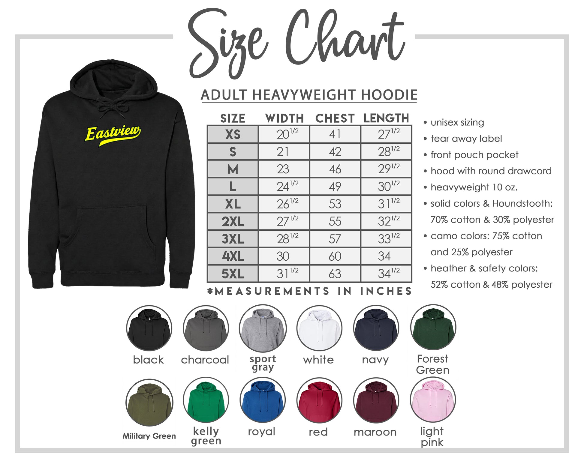 The image is a size chart for an adult heavyweight hoodie, including various color options and measurements in inches.