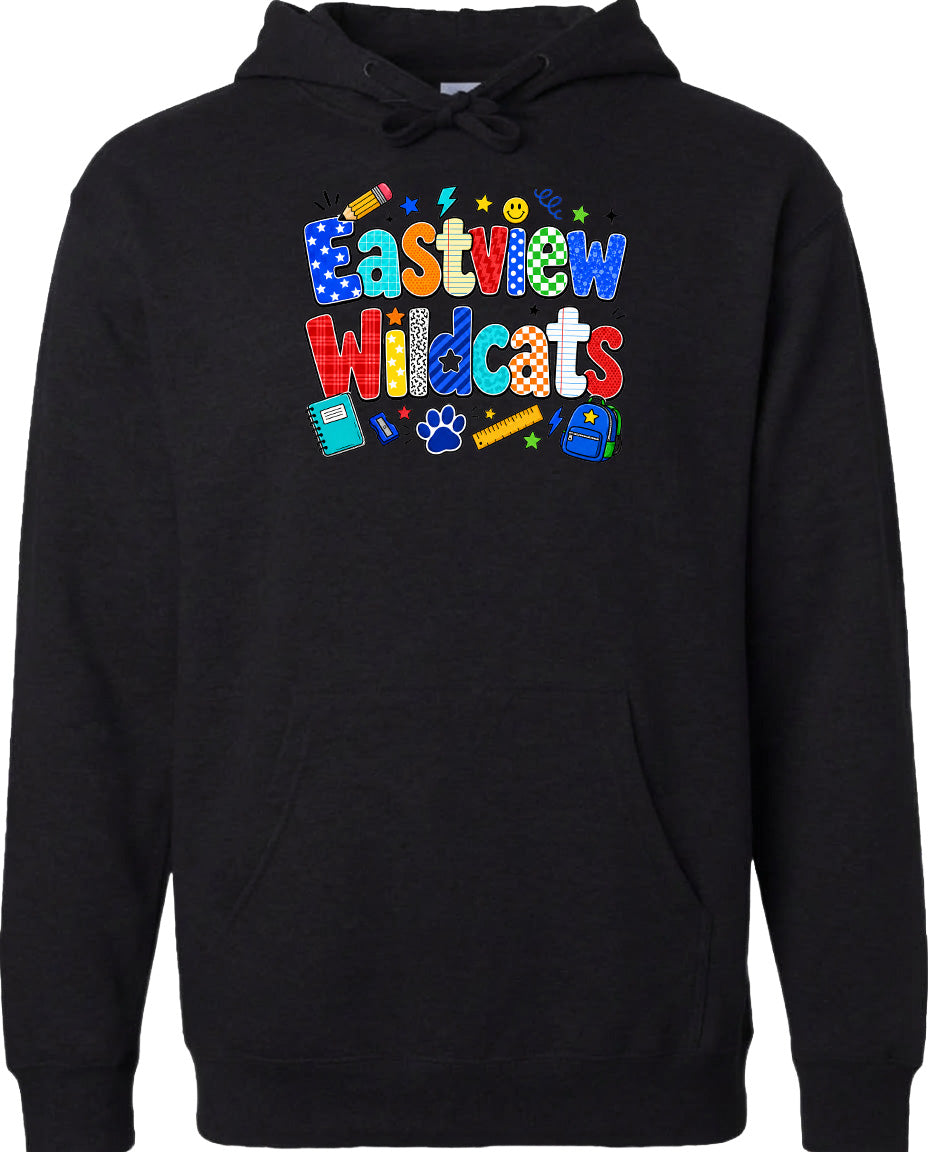 A black hoodie with a colorful graphic design featuring the text "Eastview Wildcats" and various school-related icons such as a pencil, backpack, and calculator.