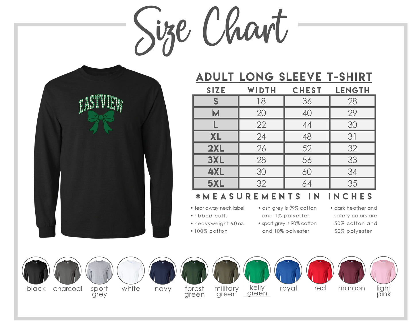 The image is a size chart for an adult long sleeve t-shirt, displaying the measurements and corresponding colors for different sizes.
