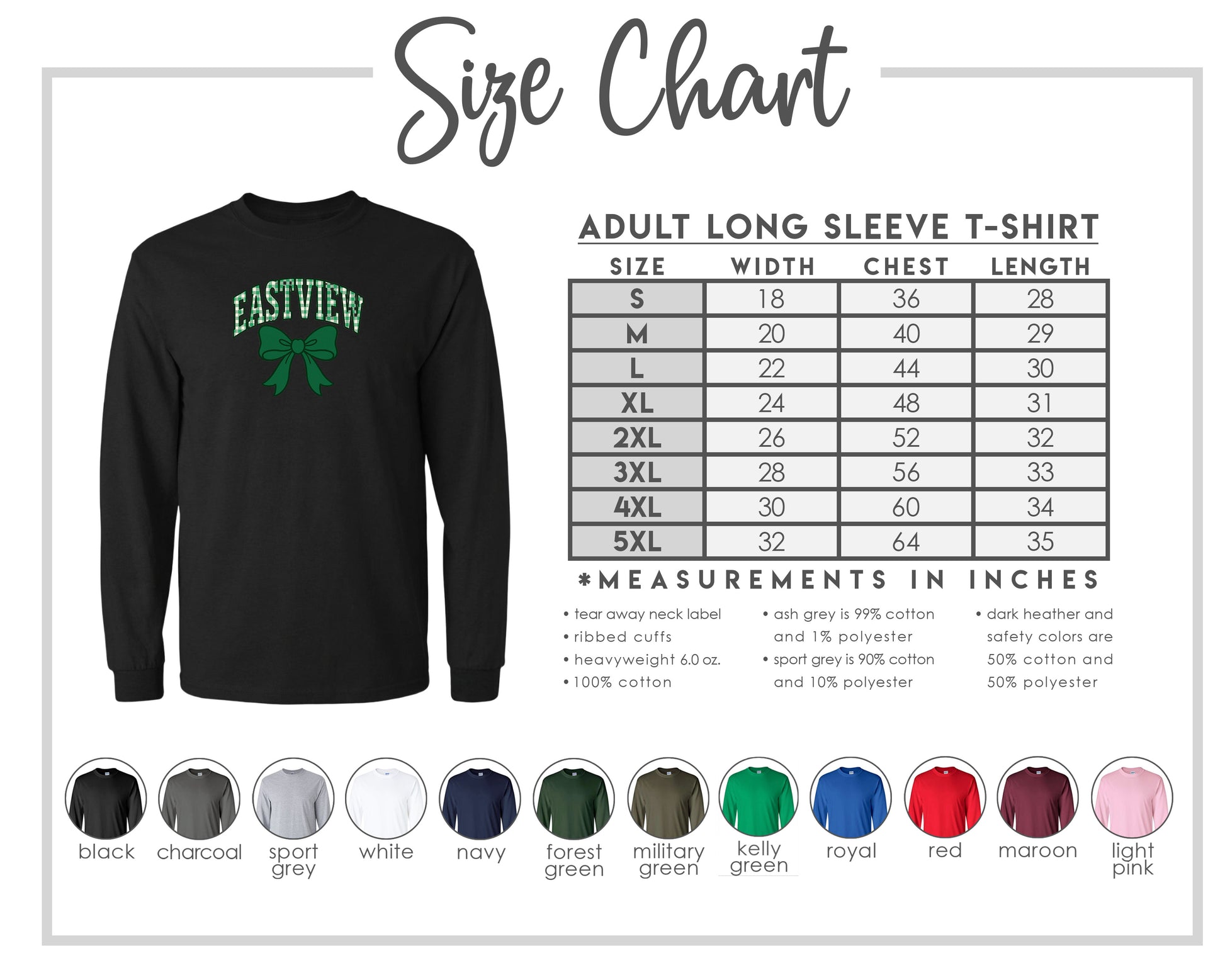 The image is a size chart for an adult long sleeve t-shirt, displaying the measurements and corresponding colors for different sizes.