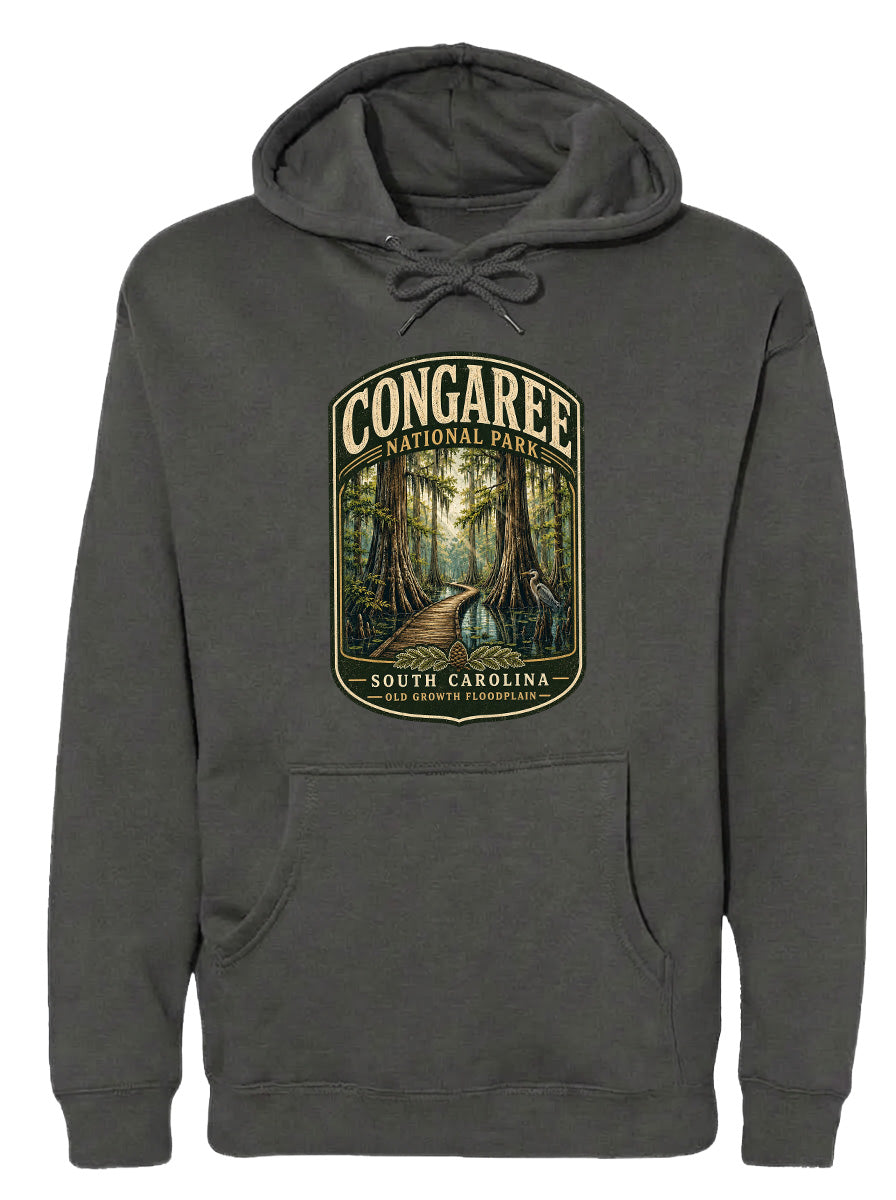 A gray hoodie with a graphic design depicting a forest scene, specifically the Congaree National Park in South Carolina.