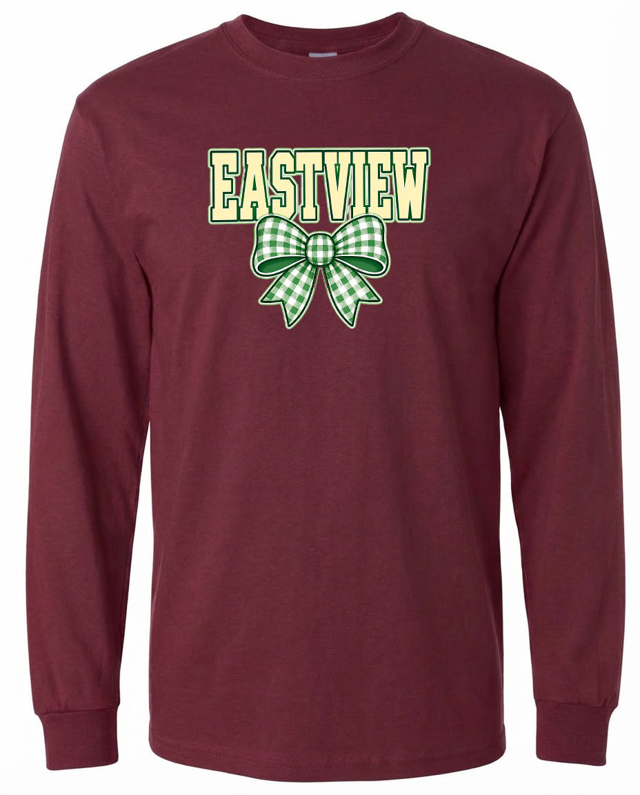 A burgundy long-sleeved t-shirt with a green and white checkered bow and the word "EASTVIEW" printed on it.