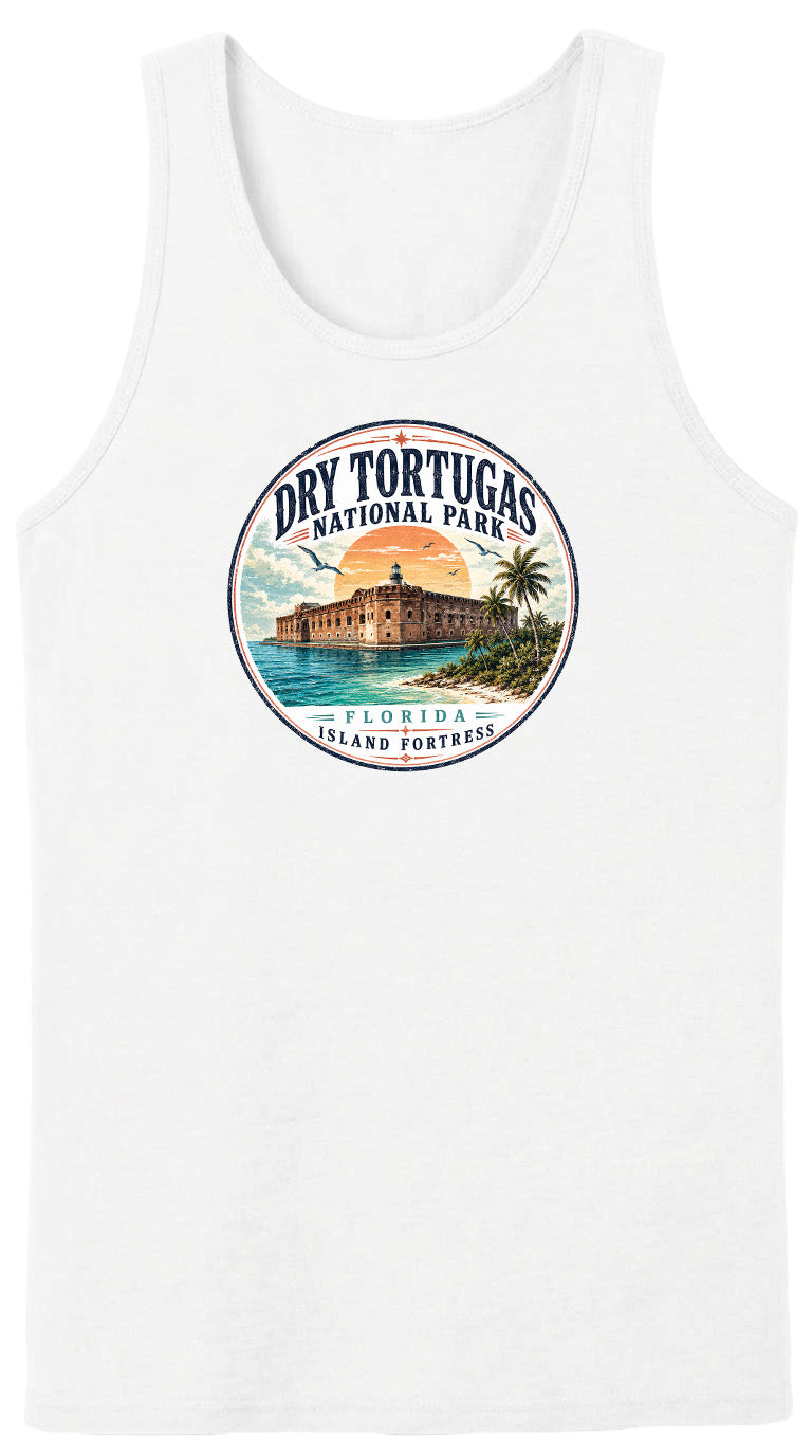 A white tank top with a circular graphic design featuring a building and palm trees, along with the text "Dry Tortugas National Park, Florida Island Fortress".