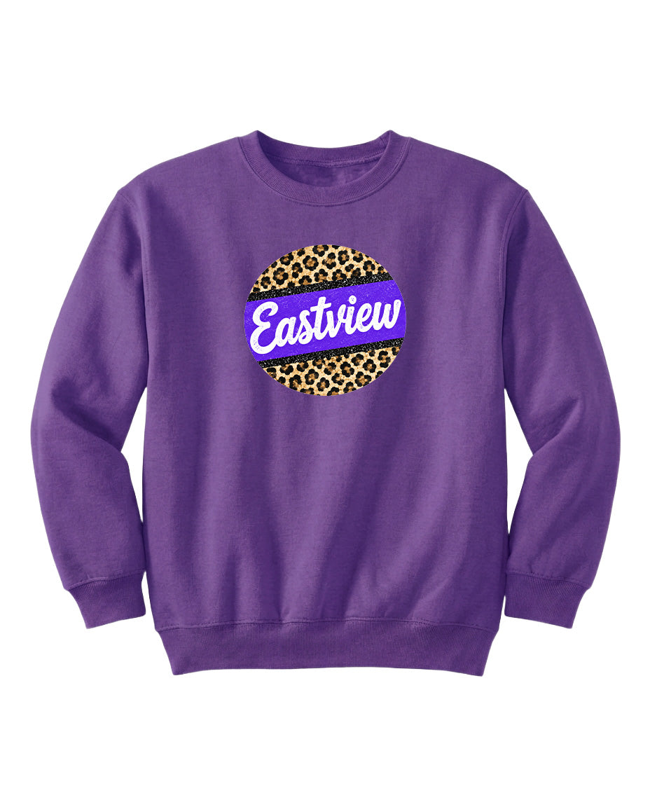A purple sweatshirt with a leopard print design and the word "Eastview" printed on it.