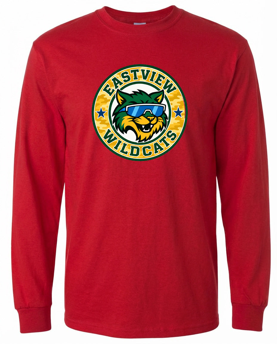 A red long-sleeved t-shirt with a graphic design featuring a cat wearing sunglasses and the text "EASTVIEW WILDCATS" printed on it.