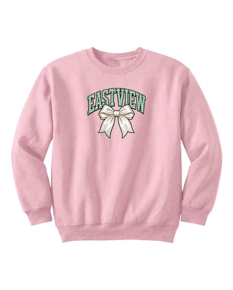A pink sweatshirt with a graphic design featuring a bow and the word "EASTVIEW" printed on it.