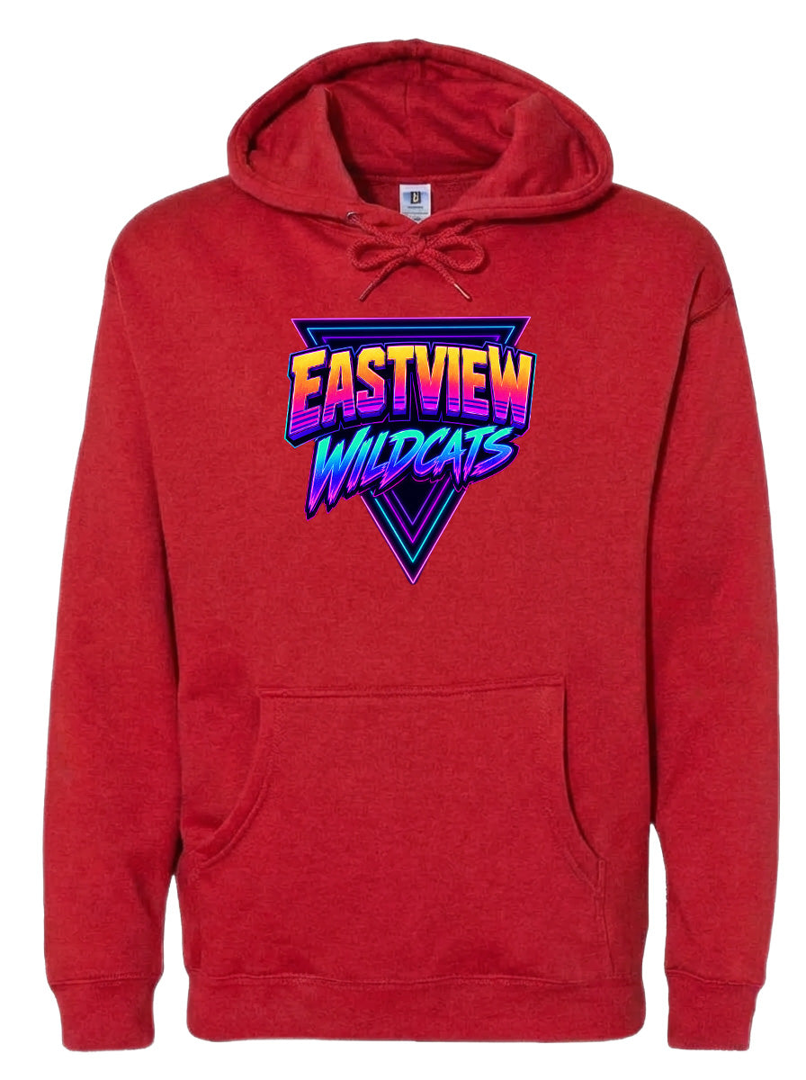 A red hoodie with a graphic design on the front.