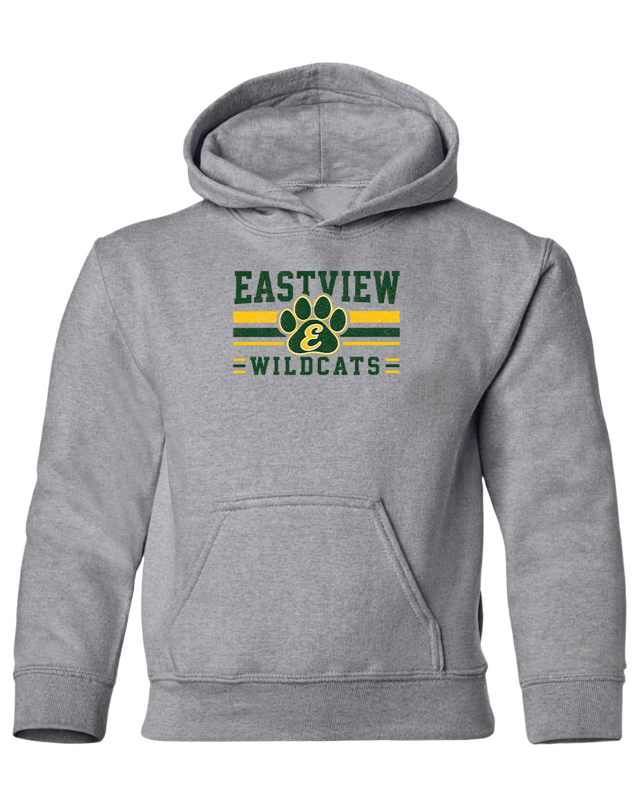 A gray hoodie with a graphic design featuring the text "EASTVIEW WILDCATS" and a paw print logo.