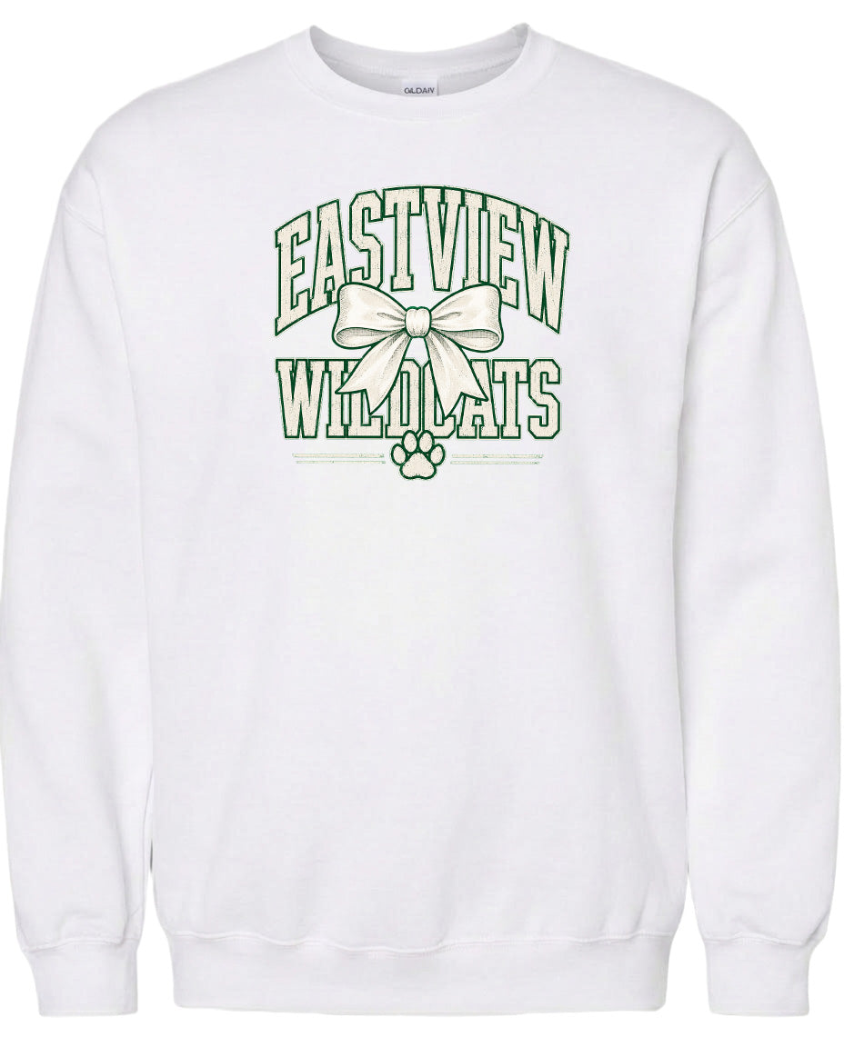 A white sweatshirt with a graphic design featuring the text "EASTVIEW WILDLIFE" and a bow.