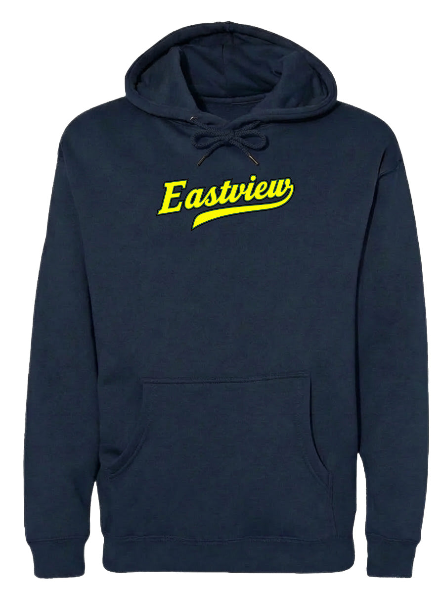 A navy blue hoodie with the word "Eastview" printed in yellow on the front.