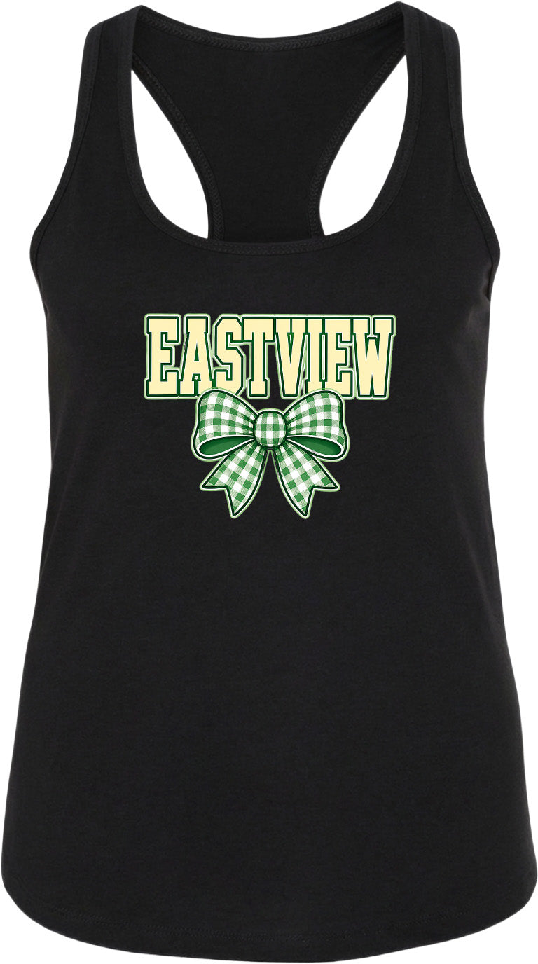 A black tank top with the word "EASTVIEW" and a green and white bow printed on it.