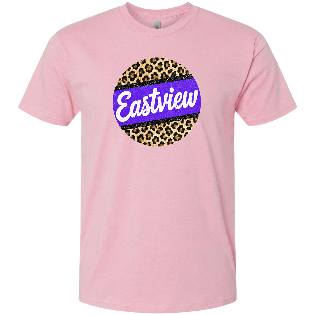 A pink t-shirt with a circular graphic design featuring a leopard print pattern and the word "Eastview" written in purple text.