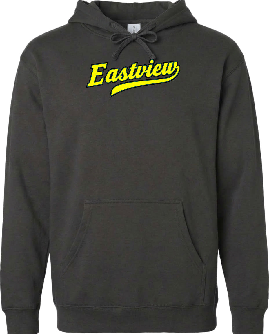 A black hoodie with a yellow text logo on the front.
